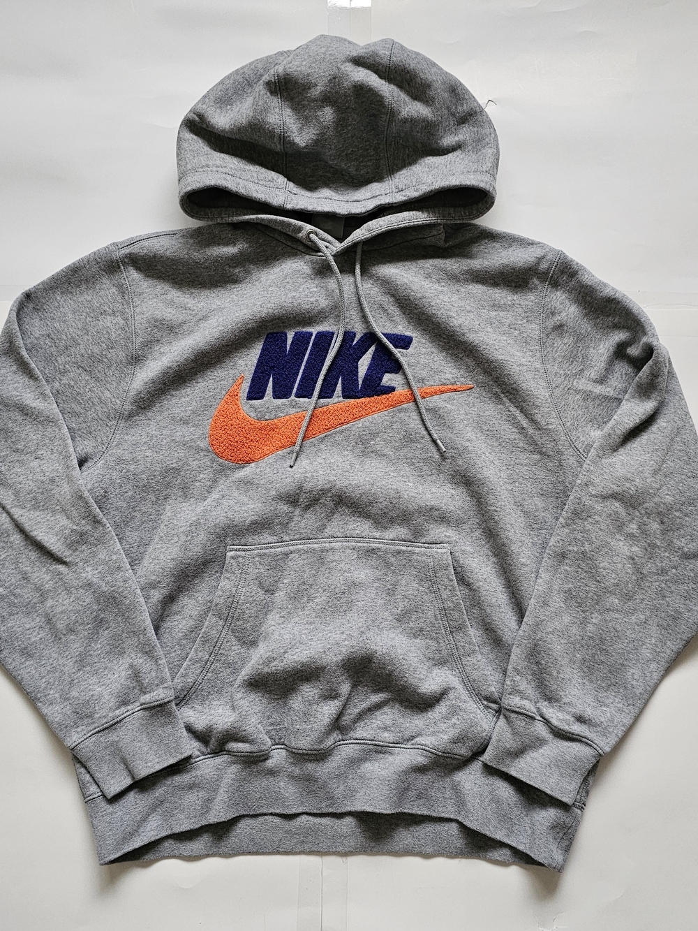 Nike Gray Hoodie with Navy NIKE Text and Orange Swoosh